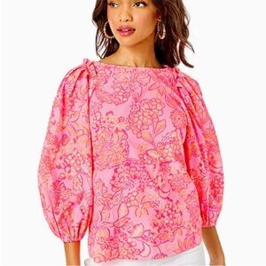 LILLY PULITZER Pink Barbara Floral Top Sz XS Blouson sleeve Mandevilla Bloom